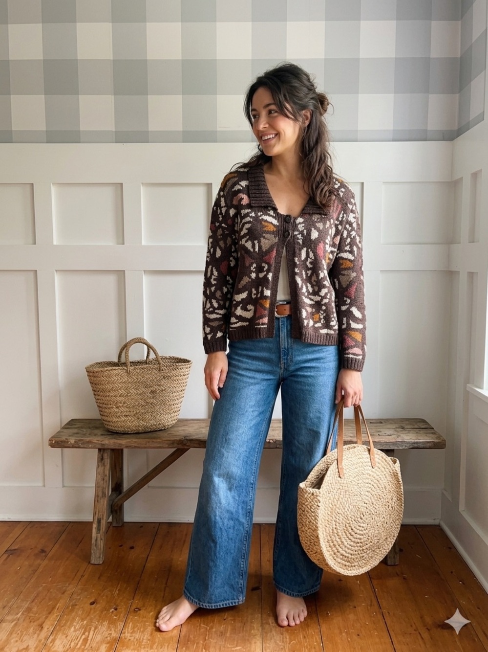 Peruvian Connection Brown Patterned Knit Cardigan with Pink & Cream Accents Larg